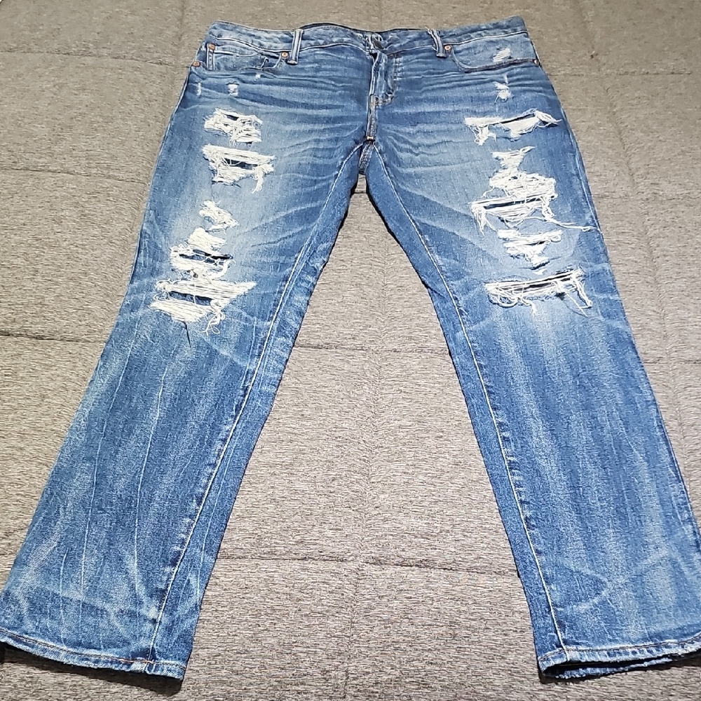 American Eagle Outfitters Men's Blue Distressed Athletic Skinny Jeans 36 X 32